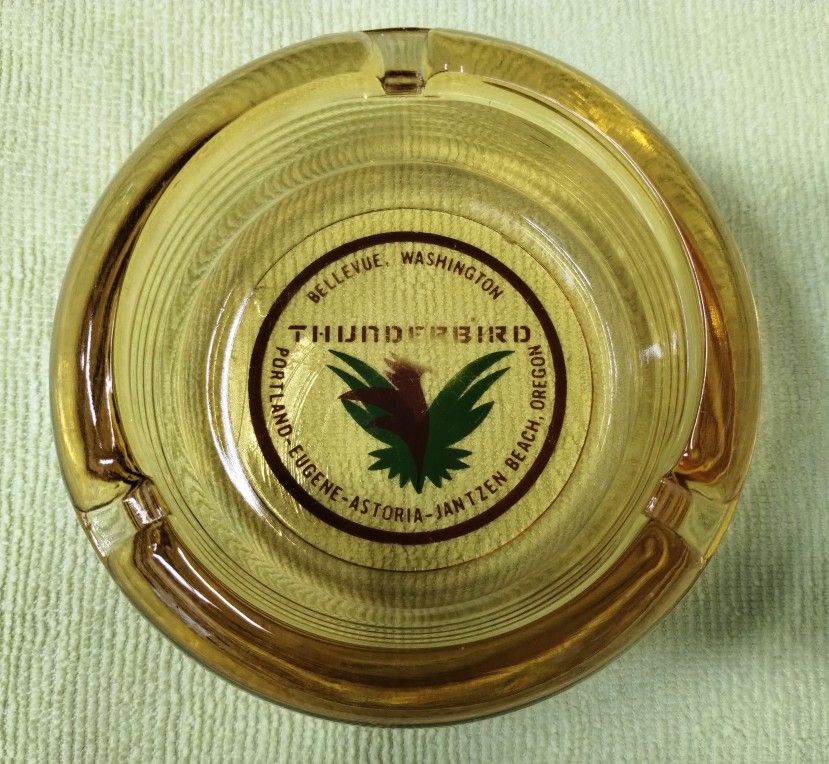 Vintage Thunderbird Motel glass ashtray, Bellevue, Washington, amber, 4"