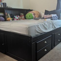 Black Large Full Sized Wooden Bed With Shelves And Bottom Drawers. Excluding Mattress 