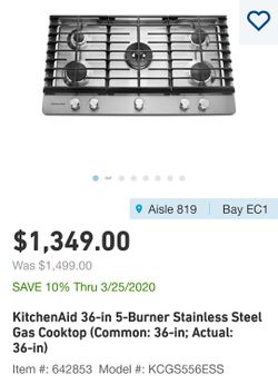 KitchenAid 36-in 5-Burner Stainless Steel Gas Cooktop (Common: 36-in; Actual: 36-in)