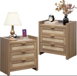Rattan Night Stand Set of 2 - Tall Nightstands with Type-C Charging Station, 3 Rattan Storage Drawers, Larger Nightstand Boho Bedside Table End Table
