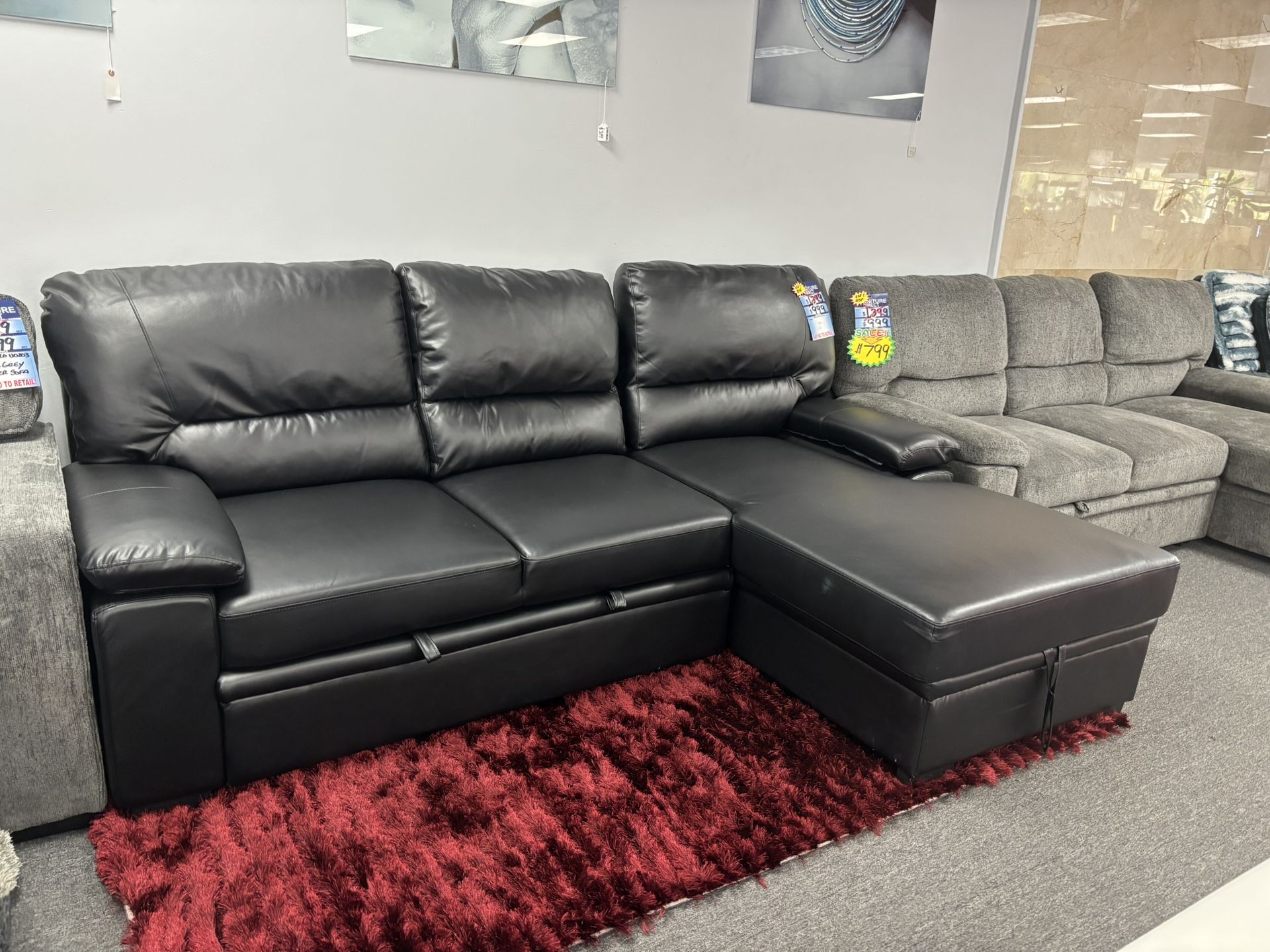 Gel Leather Black Sleeper Sectional Sofa For Sale (brand New) 45% Off