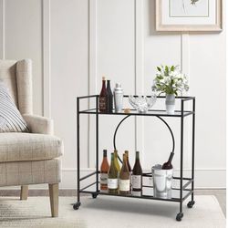 Black Bar Cart with Wheels, Vintage Serving Cart Wine Cart with 2 Mirror Shelves, Alcohol Cart Liquor Bar Carts for Home Bar