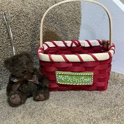 Merry Christmas Wicker Basket 12” tall w/ plush bath body works bear