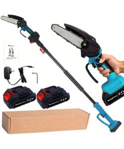 2 in-1 Cordless Pole Saw with Extension Pole for Tree Pruning Battery Powered Pole Chain Saw, 6ft Retractable Pole, 2 Chains and 2 Batteries Included