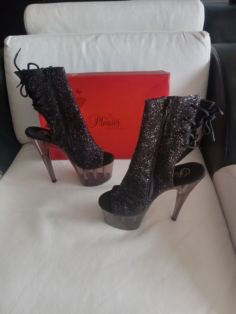 Black Glitter Smoke Tinted 7" Open Toe/Heel Lace Up Ankle Boot size 7