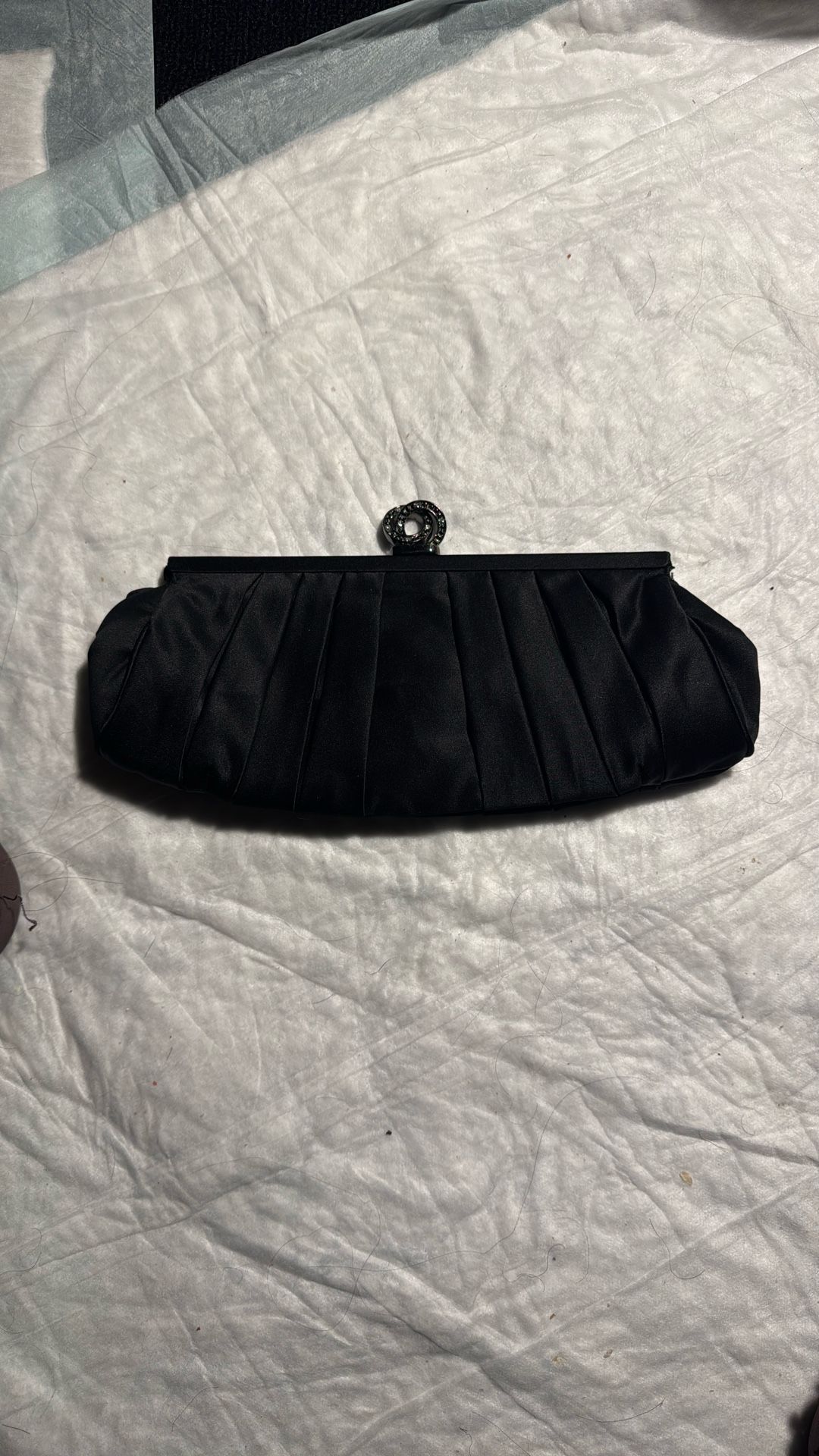 Vintage Black Satin Clutch Handbag W/Dark Silver Hardware