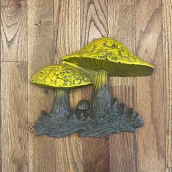 Mushroom Wall Hanging Vintage 70s MCM Dense Foam Yellow Brown Retro Decor