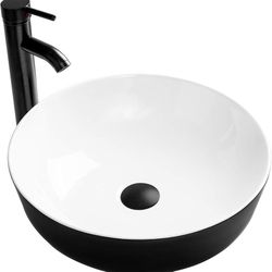 0885f Bathroom Vessel Sink, Ceramic Vessel Sink for Bathroom,Round Ceramic Basin with Faucet & Drainer Set  Premium Ceramics : YORLITE vessel sin