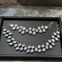GRAND RAINBOW MOONSTONE IN STERLING SILVER LOOSE Necklace and BRACELET Set