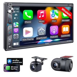 SJoyBring Upgrade Wireless Double Din Car Stereo with Apple Carplay, Android Auto, Dash Cam, Bluetooth, 4-Channel RCA, 2 Subwoofer Ports, 7" HD Capaci