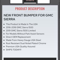2016-2018 Gmc Sierra 1500 Front Chrome Bumper