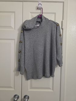 Gray Ribbed Cowl Neck Sweater with Button Sleeves