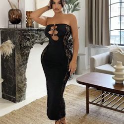 Summer Strapless Lace Patchwork Hollow Out Midi Bodycon Dress