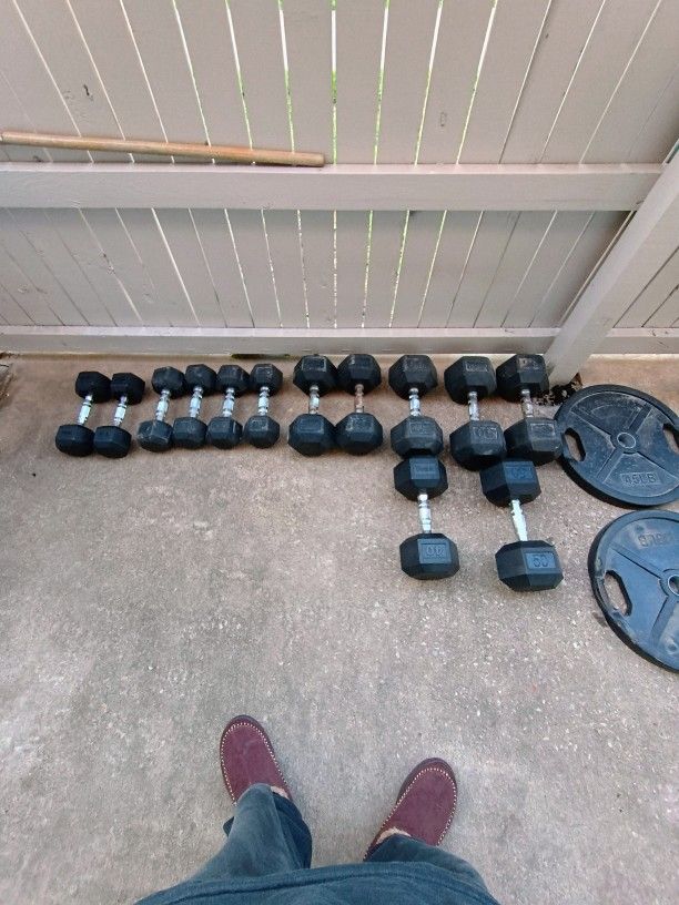 Variety Of Dumb Bells And Weight Plates W Curl Bar