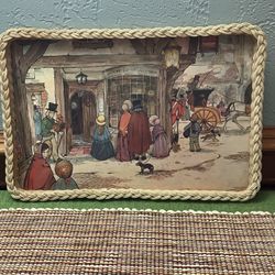 Vintage (1960’s) Melamine Drinks Tray - wicker border w/Victorian Street Scene
