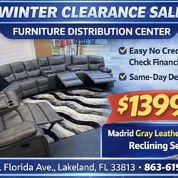 Winter clearance sale. Madrid gray leather reclining sectional only $1399. Easy finance option. Same day, Delivery.