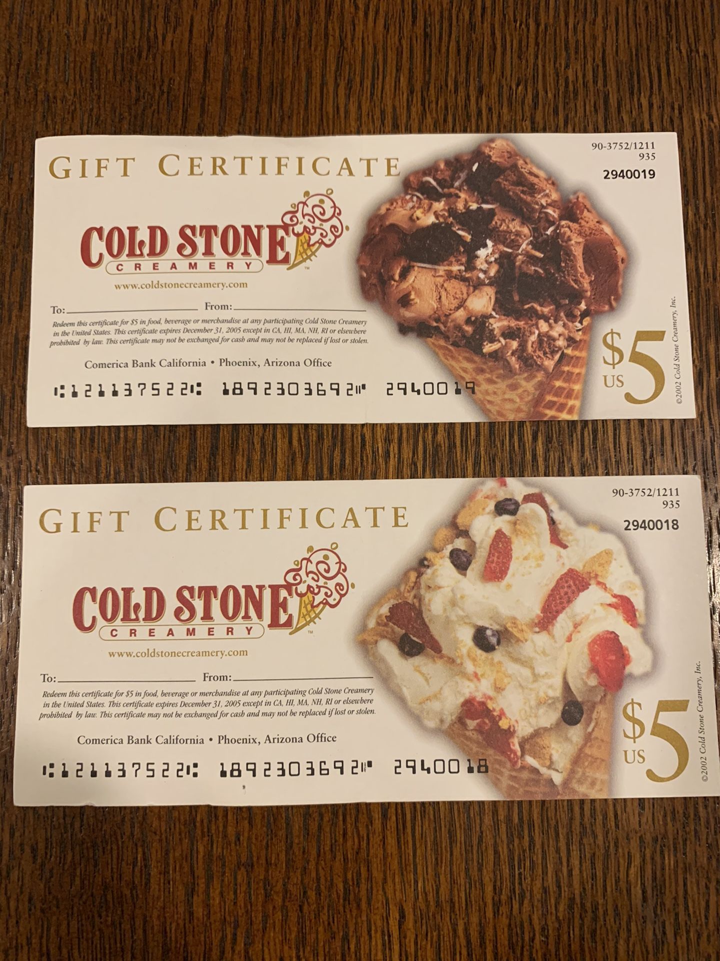 2 $5 Cold Stone Certificates