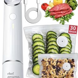 Chef Preserve Compact Handheld Food Vacuum Sealer Machine + 30 Reusable Bags
