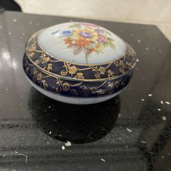 Vintage Cobalt Blue Porcelain Jewelry or Trinket Box, Painted Floral Bouquets 1.5”x3.5” 
