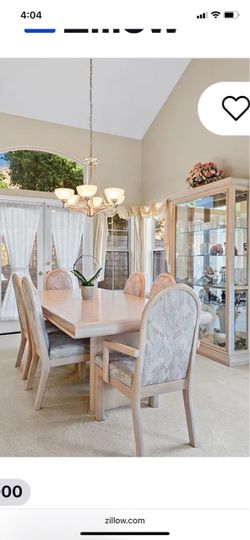 Dining room table, 6 chairs and glass curio