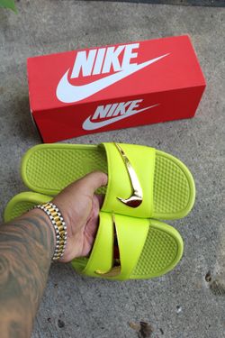 Nike Benassi Slides with Golden Swoosh
