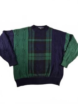 Vintage 90s Nautica Colorblock Plaid Cable Knit Sweater Men M Preppy Ivy League