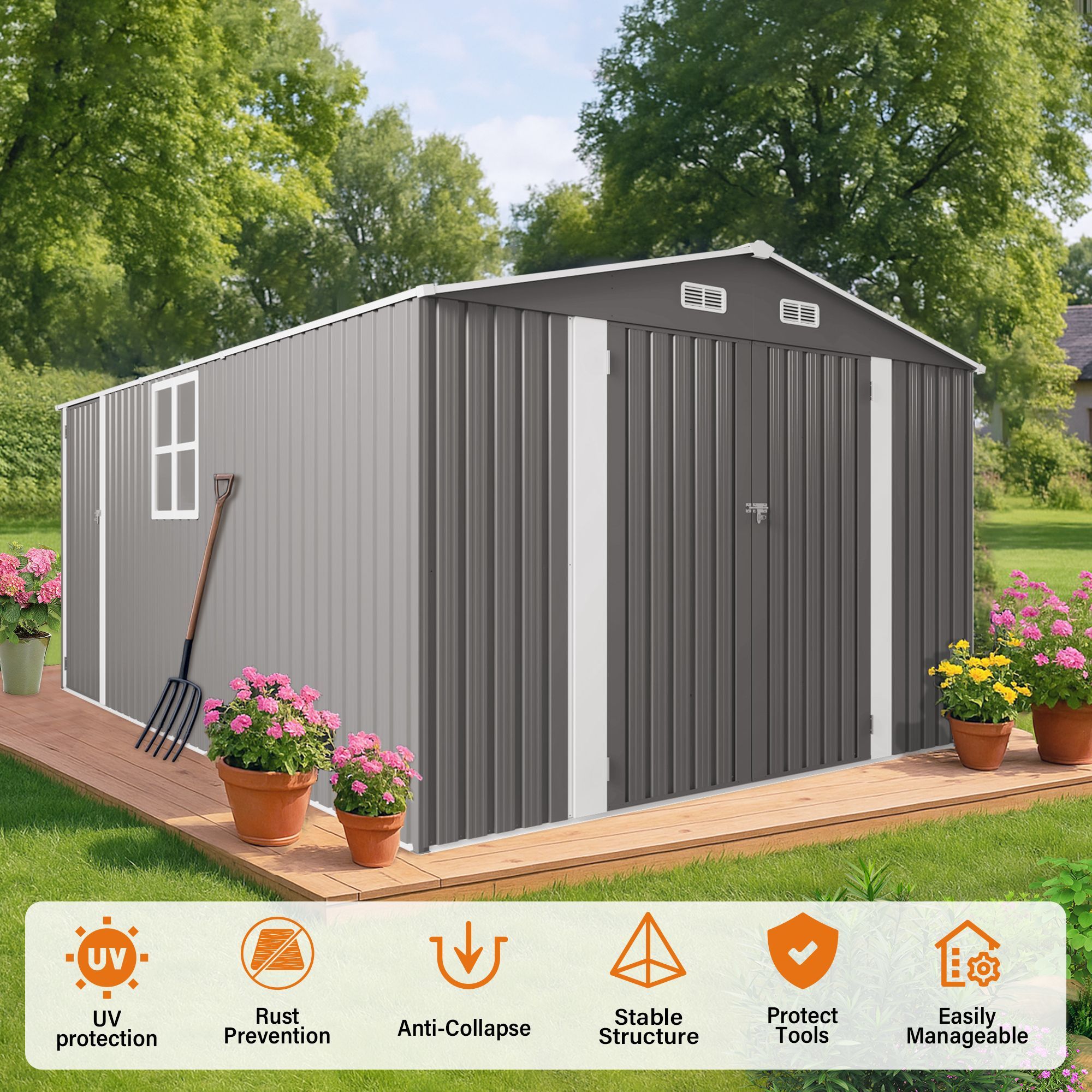 10x14 FT Outdoor Metal Storage Shed, Durable Garden Shed with Three Lockable Doors and Clear Window for Backyard, Patio, Garden, All-Weather Shelter f