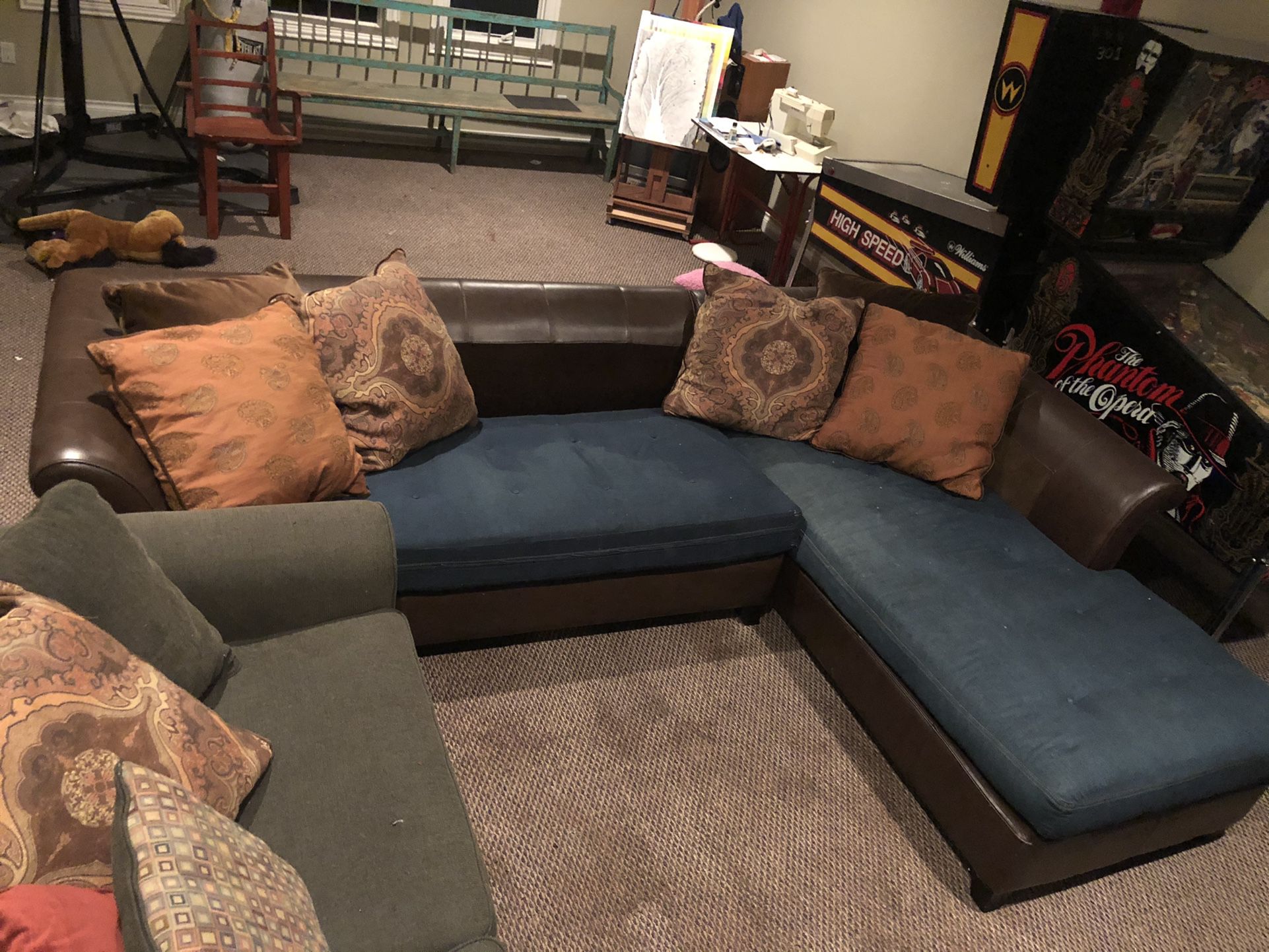 SECTIONAL SOFA Denim and Brown Leather