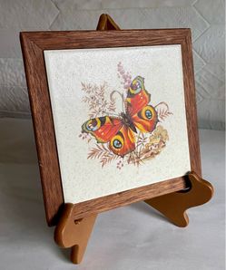 Vintage Cottagecore Wood Framed Ceramic Butterfly Trivet from Creations by Deede