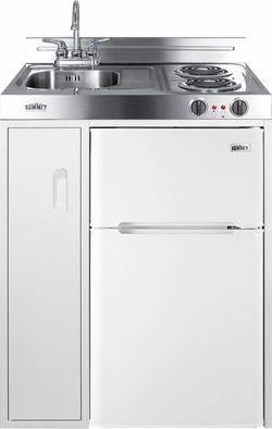 Compact Kitchen, Summit C30EL 30 inch with 2 Cooktops, Sink, Faucet and 2-door refrigerator-freezer
