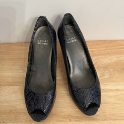 Stuart Weitzman Shoes Navy Blue Snake Print Platform Peep Toe Heels Size 8 1/2