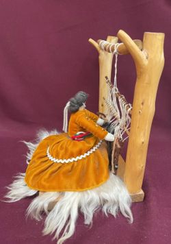 Vintage 11" Navajo Weaver Folk Art Doll at Upright Wooden Loom