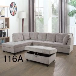 New Grey White Microfiber Sectional Couch With Ottoman