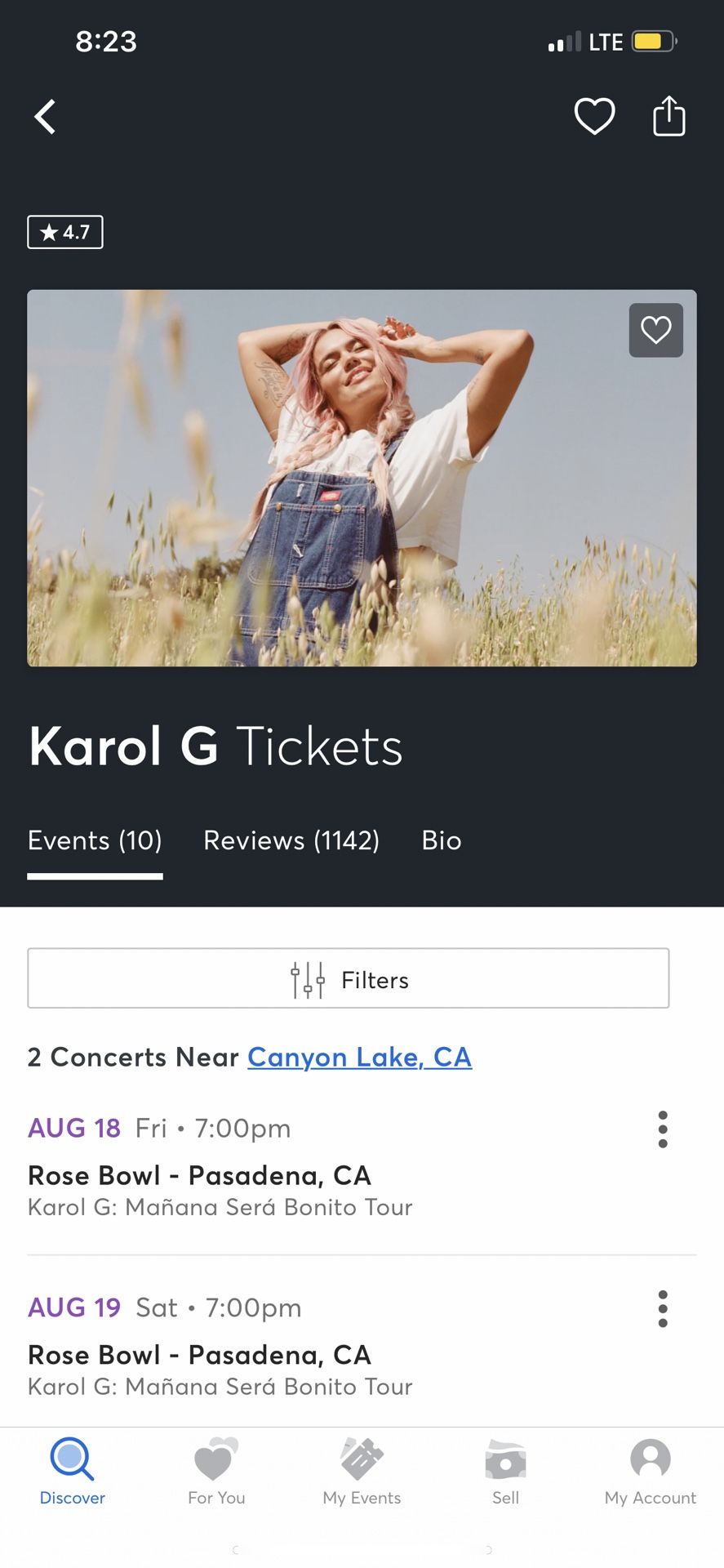 2 Karol G Tickets  $600 Each 