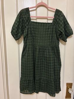 La Blanca Olive Eyelet Puff Sleeve Dress - Size Large