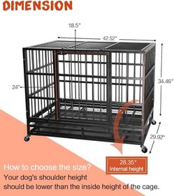 42 Inch Heavy Duty Indestructible Dog Crate, High Capacity Escape Proof Double Door Kennel with Lockable Wheels, 35" Tall Medium Dog Cage with 0.8" St