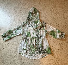 Luïï Women’s XL Hooded Zip Anorak Jacket Mid-Length White/Green Floral