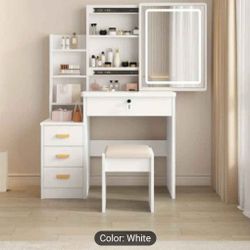Brand New In Box Vanity With Led Lights, 3 Light Modes And Adjustable Brightness Comes With Stool, Lockable Drawer 