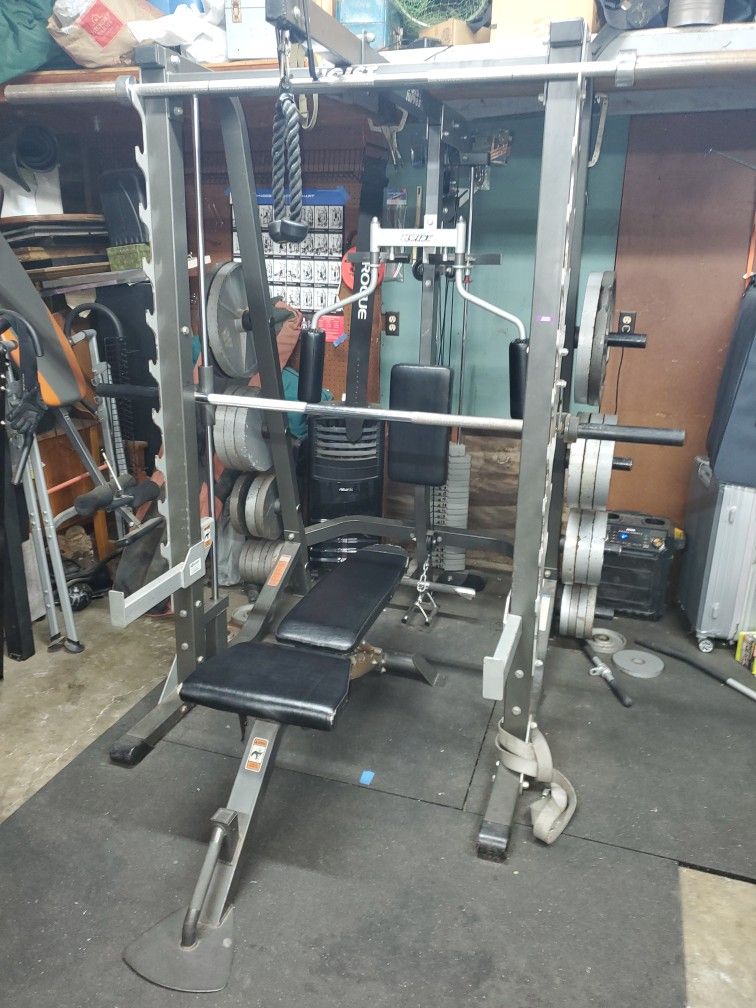 Hoist HF-985 Half Cage Smith Machine Rack  W/ Olympic Weights Plates 