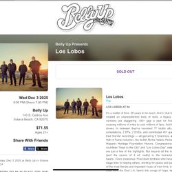 (2) Los Lobos Tickets At Bell Up Dec 3, 8pm $50 Each, Face Value $71 Each