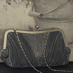 Vintage Silver Gray Pleated Gray/Silver Sequins Chained Clutch/Crossbody Purse