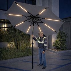 New In Box 9 Feet Diameter Outdoor Patio Market Umbrella With Built In LED Strip Lights Tilt And Crank Red Or Gray Umbrella Stand Is Not Included 