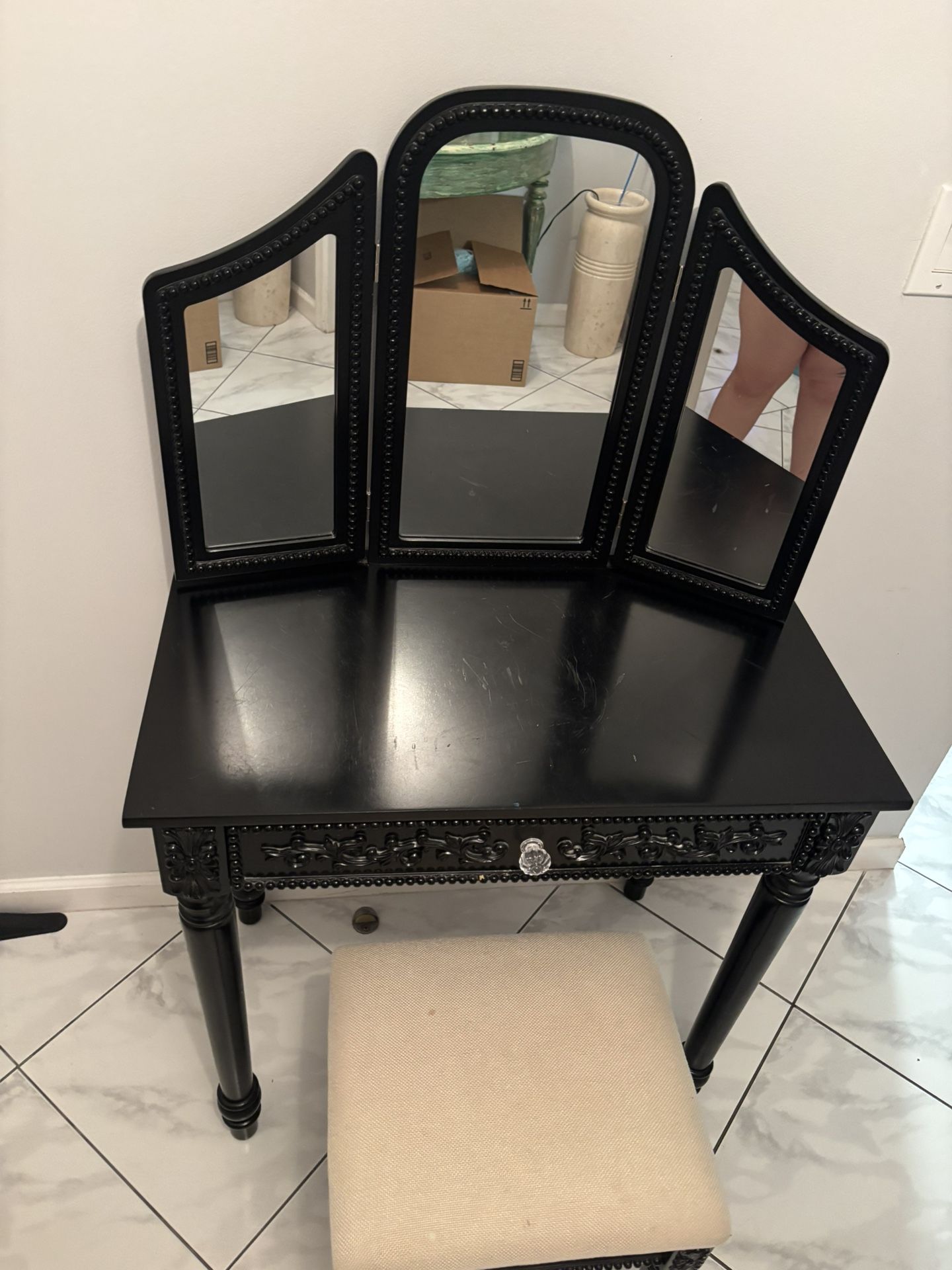 Black Vanity Table with Triple Mirror + Stool