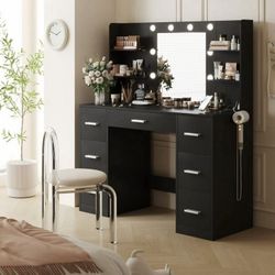 New Large Vanity Desk with LED Lighted Mirror & Power Outlet,Makeup Vanity Table with 7 Drawers,4 Shelves and 5 Hooks, Vanity Table, Vanity Desk Set f