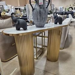 New New New!!! Gold Metal Console Table With Marle Tabletop and Ribbed Legs!!!