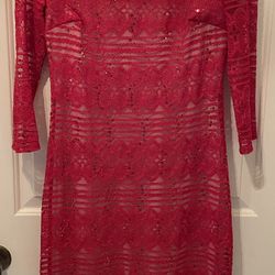 Thalia Sodi- Size Medium Red Lace Dress- Nude slip 3/4 sleeve Sequin accent 