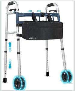 Dual Wheels Narrow Walkers for Small Spaces - Width Height Adjustable Walker, Narrow Walkers with Storage Bag, Lightweight Folding Walker for Seniors 