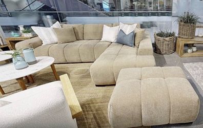 Labor Day Deal! Designer Tan Textured Fabric Sectional Sofa Couch