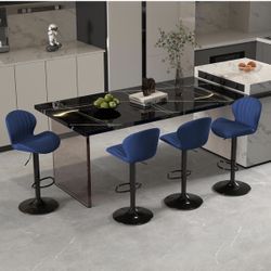 Modern Bar Stools Set of 4, Velvet Height Adjustable Swivel Barstools, Armless Kitchen Island Counter Chairs with Back & Footrest, Blue