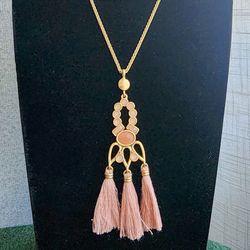 Gold-Tone Adjustable Tassel Pendant Necklace with Pink Accents